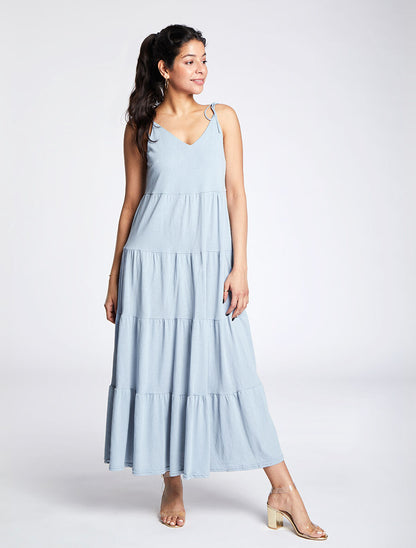 Robe longue unie évasée - Bleu - 4