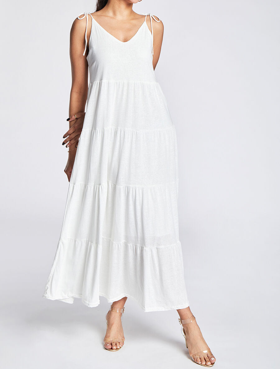Robe longue unie évasée - Blanc - 4