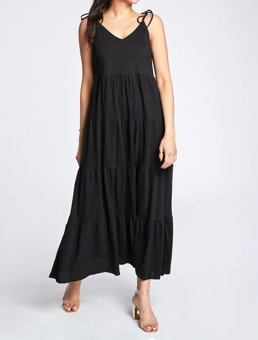 Robe longue unie évasée - Noir - 4