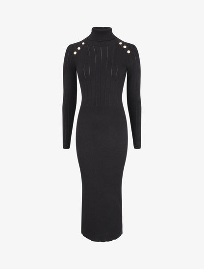 Robe pull à col roulé et épaules à détail boutons - Noir - 4