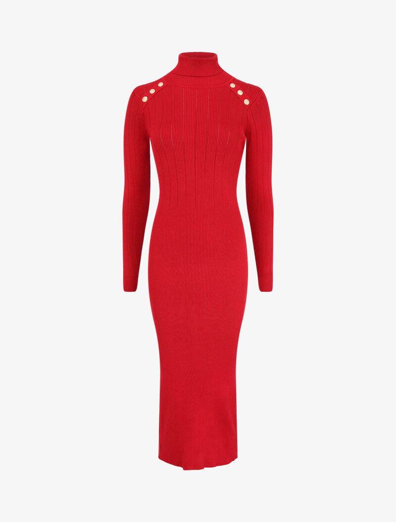 Robe pull à col roulé et épaules à détail boutons - Rouge - 4