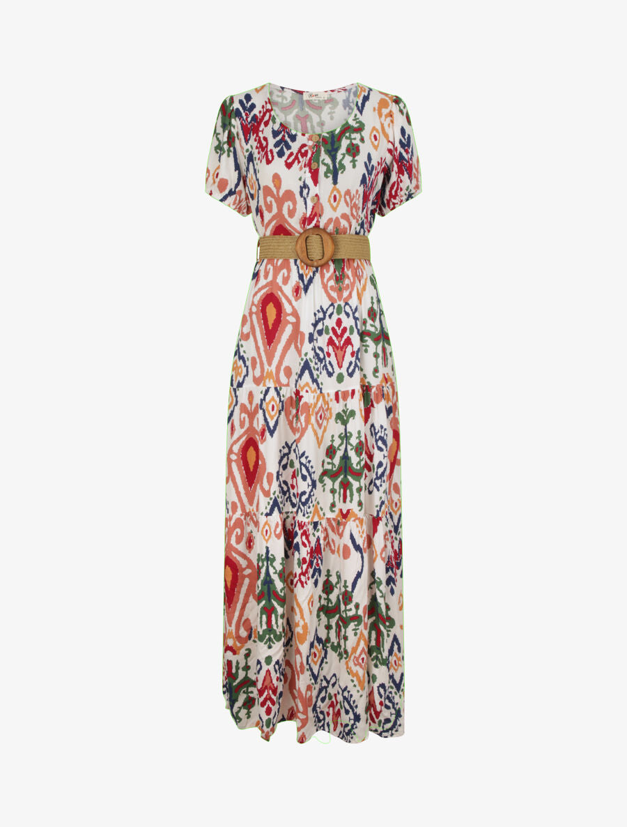 Robe longue à manches courtes élastiquées - Blanc - 1