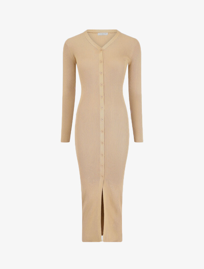 Robe pull boutonnée et côtelée - Beige - 4