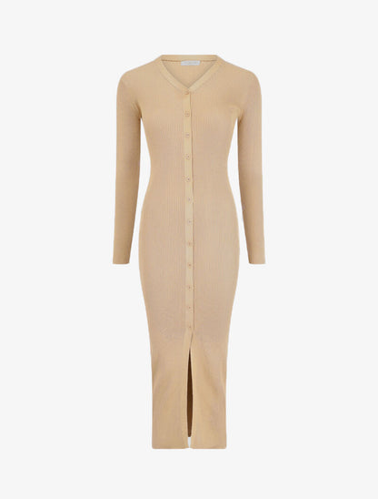 Robe pull boutonnée et côtelée - Beige - 4