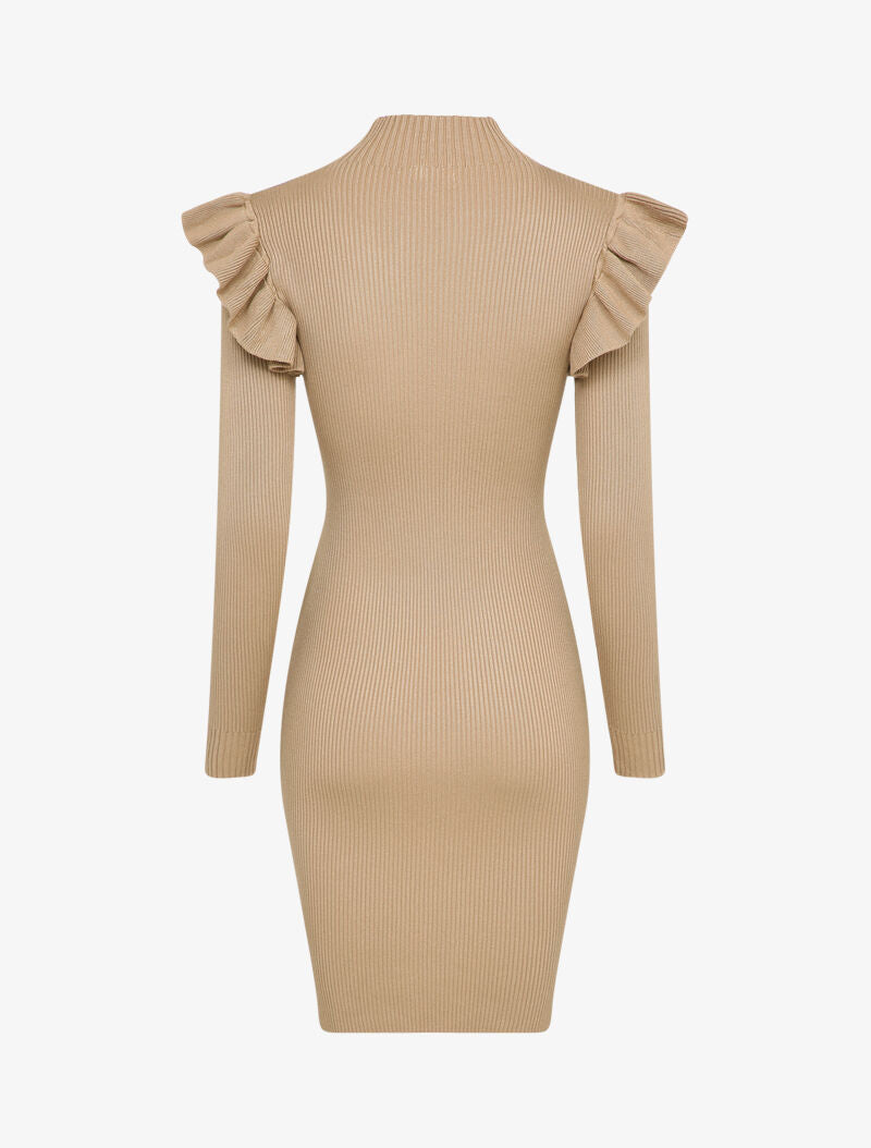 Robe pull à col zippé et épaules volantées - Camel - 2