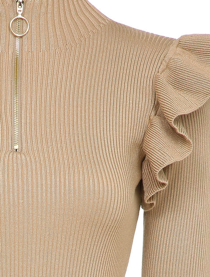 Robe pull à col zippé et épaules volantées - Camel - 3