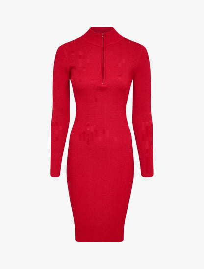 Robe pull côtelée à col montant zippé - Rouge - 1