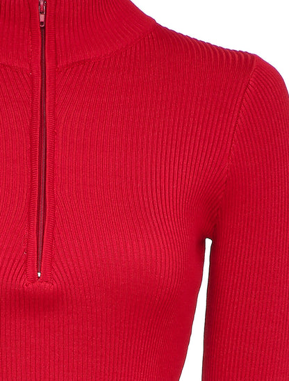 Robe pull côtelée à col montant zippé - Rouge - 3