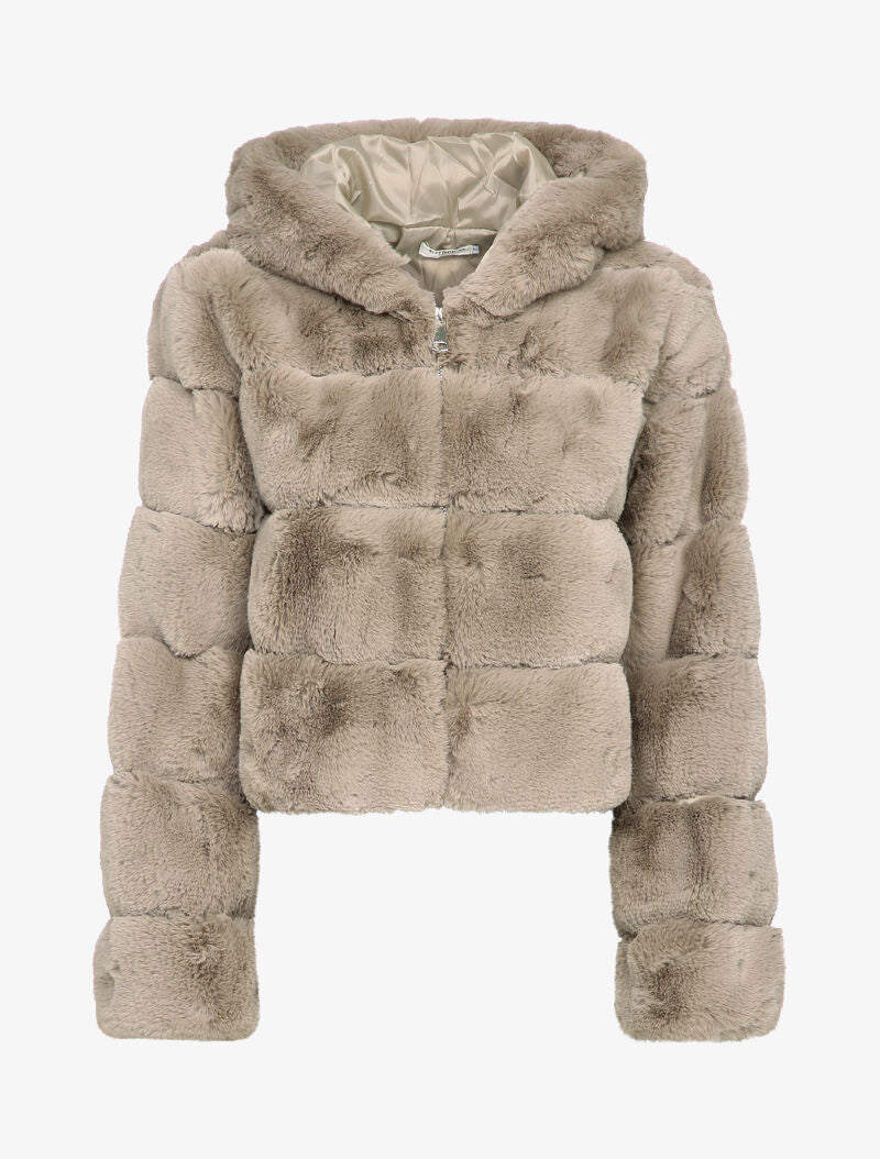 Manteau court en fausse fourrure - Taupe - 4