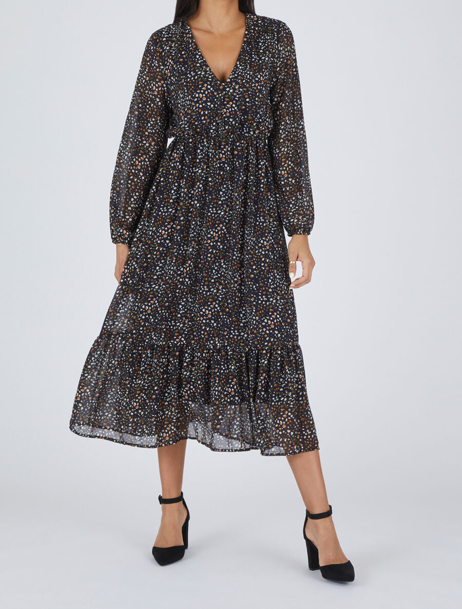 Robe longue col V imprimé moucheté - Marine - 4