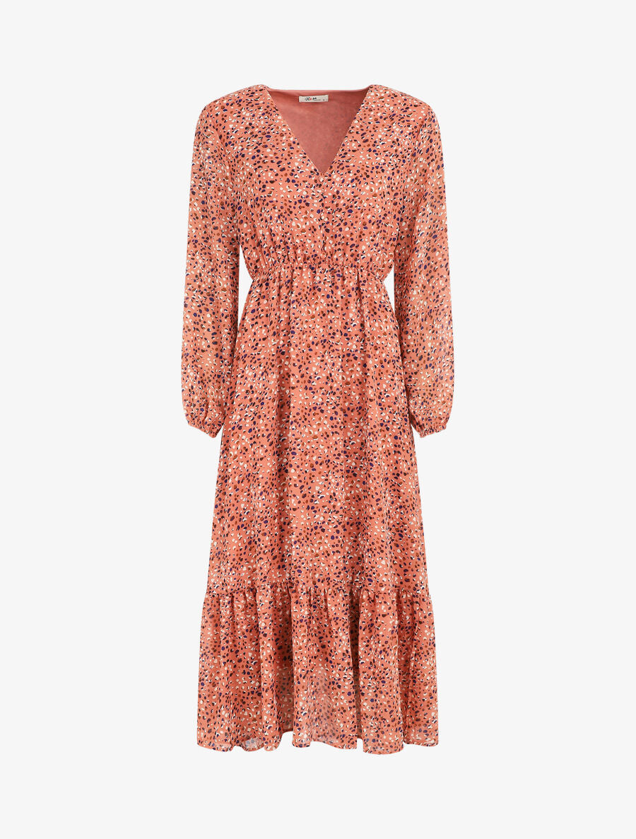 Robe longue col V imprimé moucheté - Rose - 4