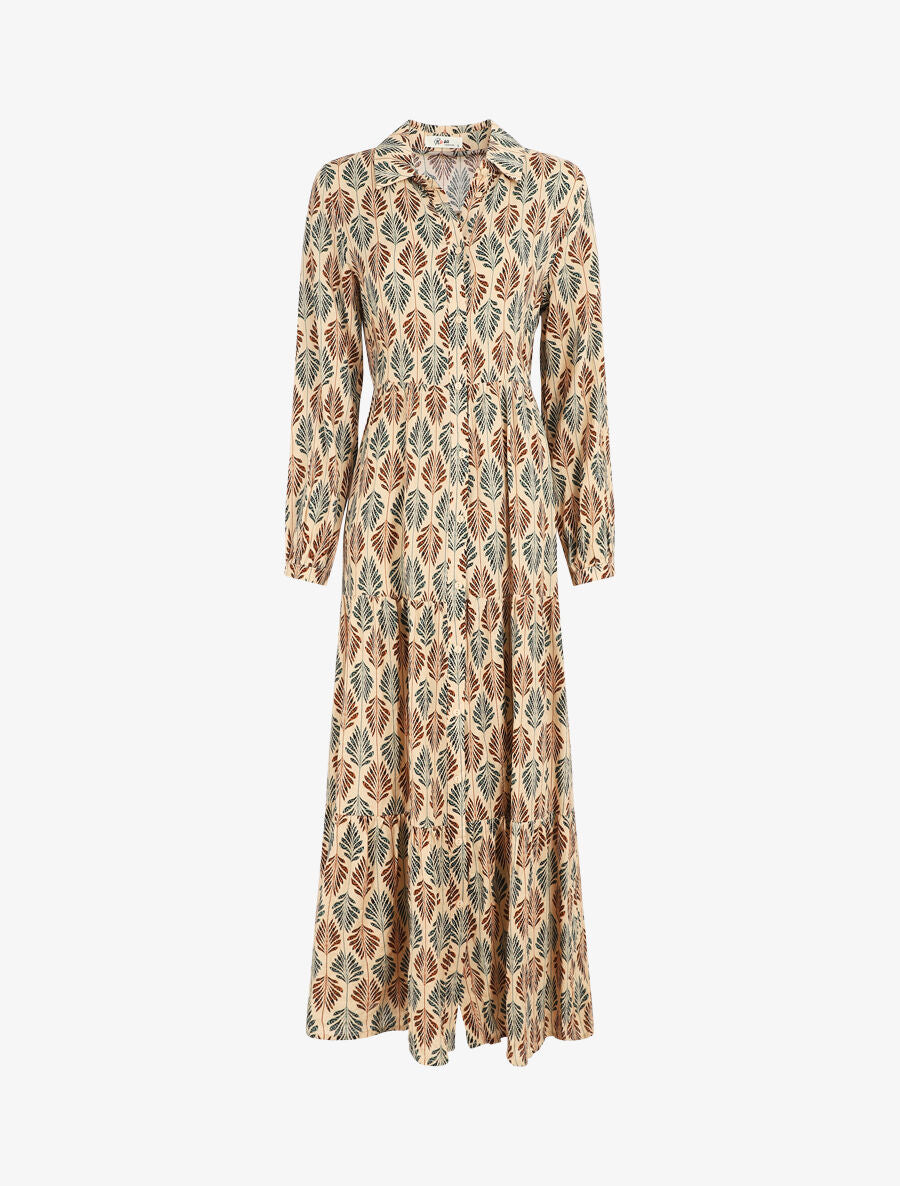 Robe chemise longue imprimé feuilles stylisées - Beige - 1