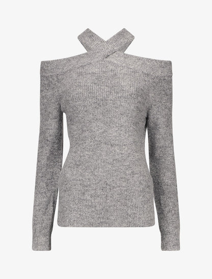 Pull uni à épaule ajourée - Gris - 1