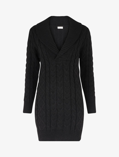 Robe pull courte à col châle - Noir - 1