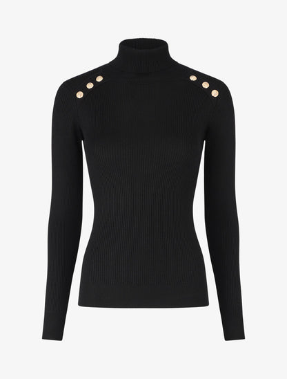 Pull col roulé à boutons - Noir - 1