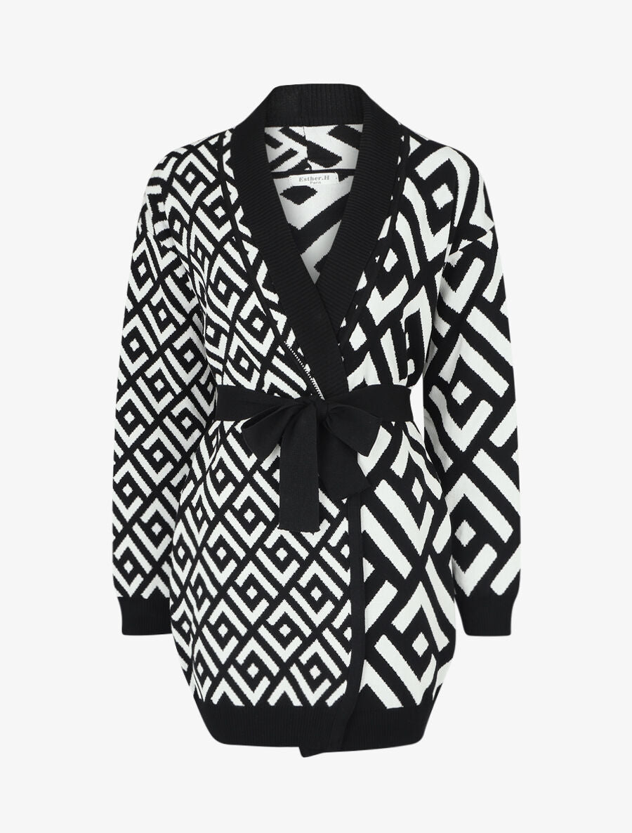 Gilet graphique col châle - Noir/blanc - 1