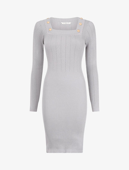 Robe pull côtelée à col carré - Gris - 1