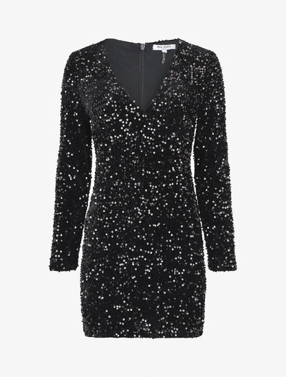 Robe courte en velours à sequins - Noir - 1