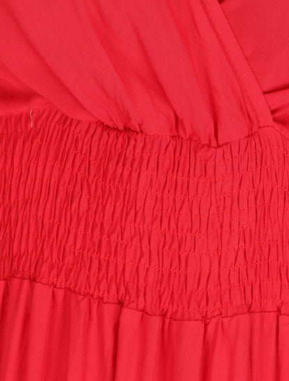 Robe longue unie à taille élastiquée - Rouge - 4