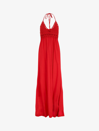 Robe longue dos-nu et broderies - Rouge - 1