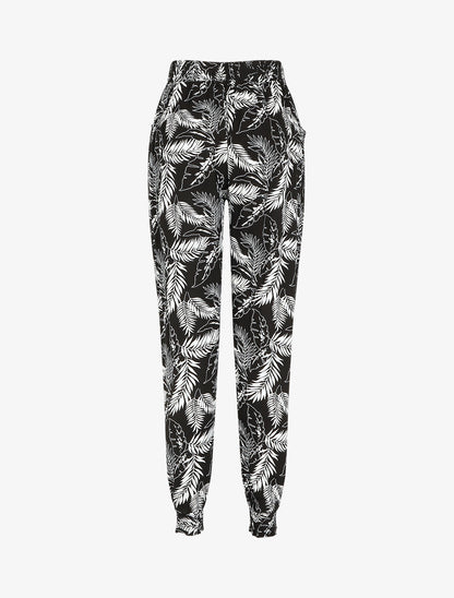 Pantalon ample imprimé feuilles à taille élastiquée - Noir - 2