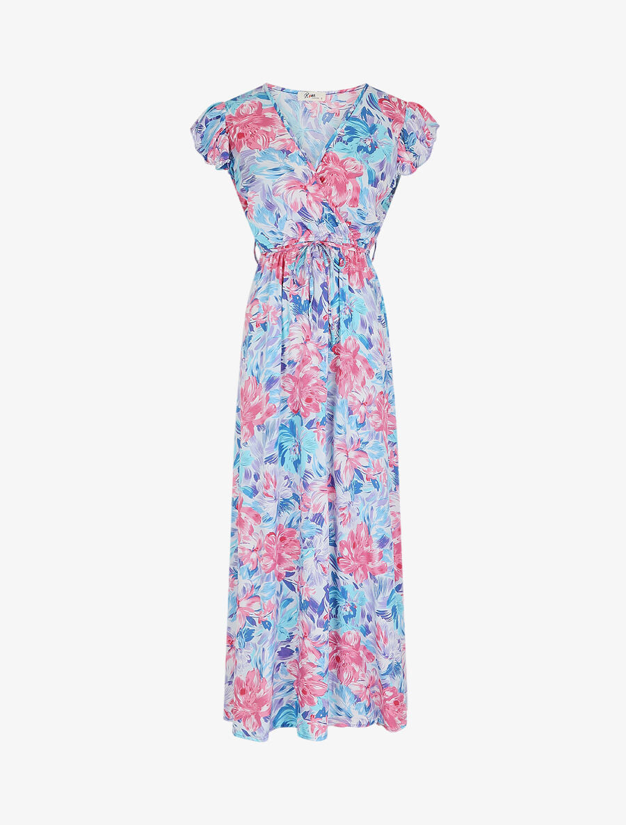 Robe longue fleurie à manches volantées - Bleu - 1