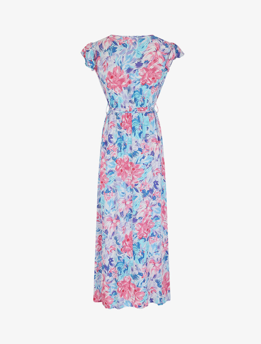 Robe longue fleurie à manches volantées - Bleu - 2