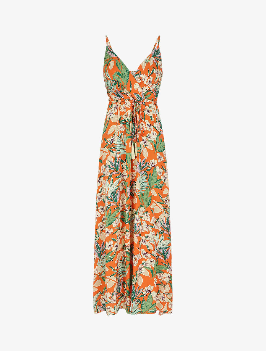 Robe longue élastiquée à imprimé feuillage - Orange - 6