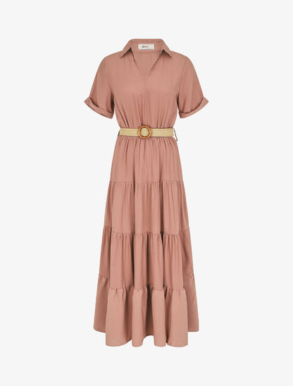 Robe longue unie à col tunisien - Vieux rose - 1