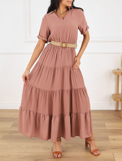 Robe longue unie à col tunisien - Vieux rose - 4