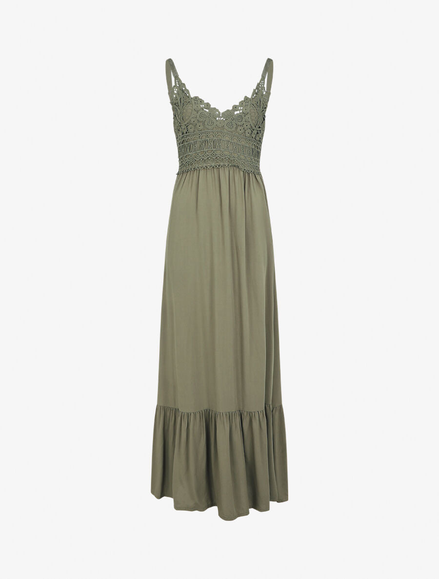 Robe longue à bretelles et col en dentelle - Kaki - 1
