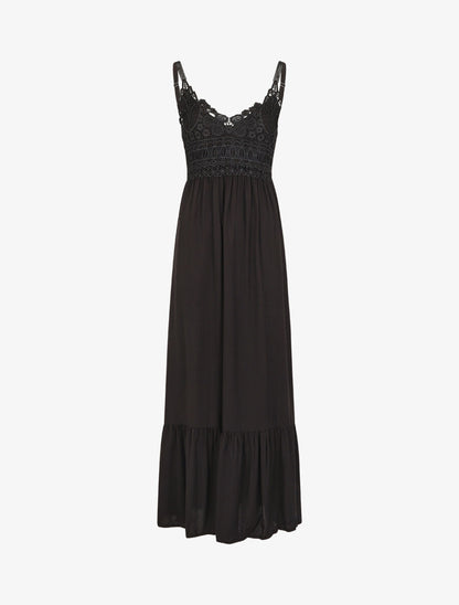 Robe longue à bretelles et col en dentelle - Noir - 4