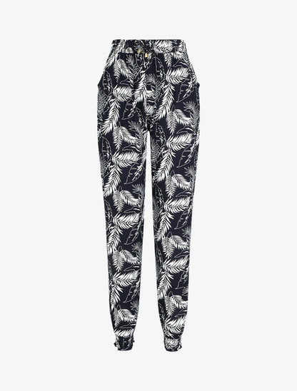 Pantalon ample imprimé feuilles à taille élastiquée - Bleu - 5