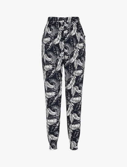 Pantalon ample imprimé feuilles à taille élastiquée - Bleu - 2