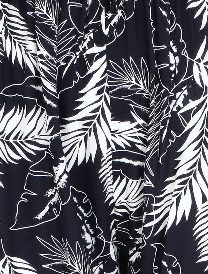 Pantalon ample imprimé feuilles à taille élastiquée - Bleu - 3