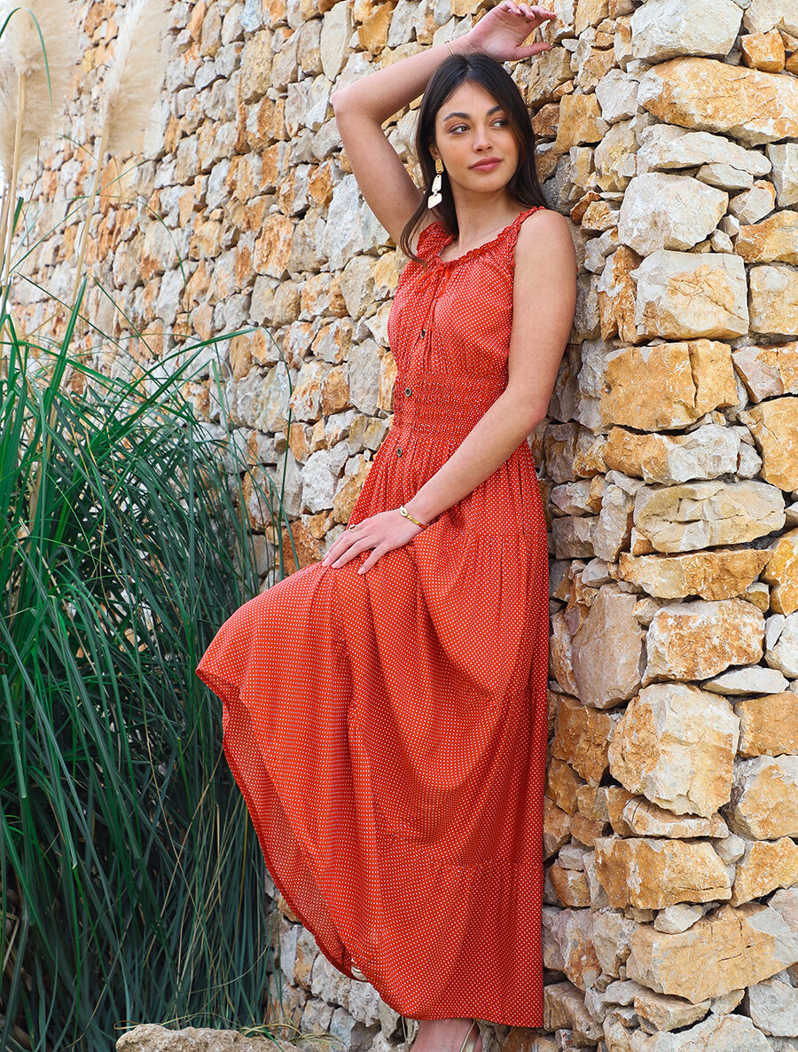 Robe longue évasée à pois sans manches - Rouge - 4