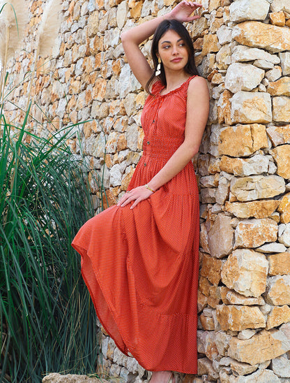 Robe longue évasée à pois sans manches - Rouge - 4