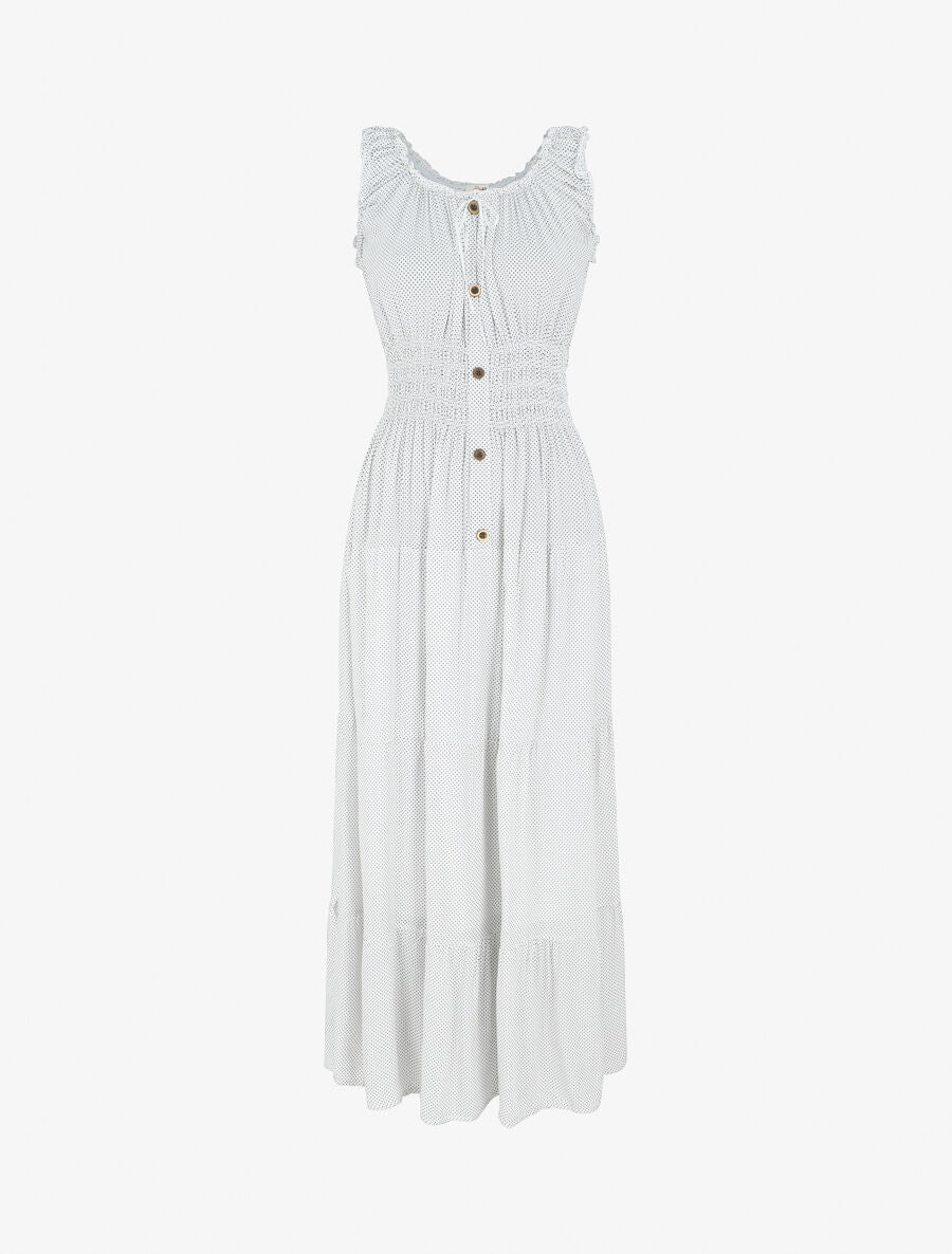 Robe longue évasée à pois sans manches - Blanc - 1