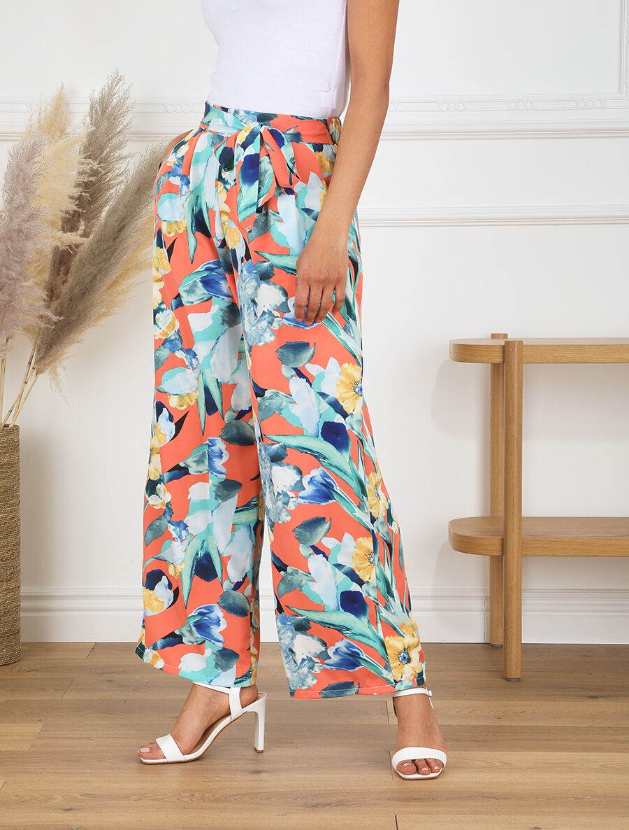 Pantalon ample motif grandes fleurs - Saumon - 4