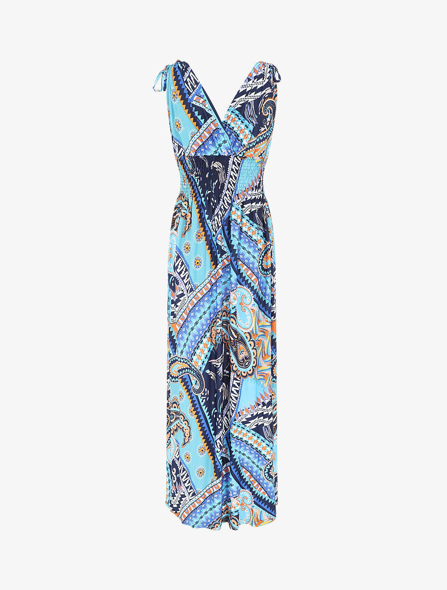 Robe longue élastiquée imprimé cachemire - Bleu - 2