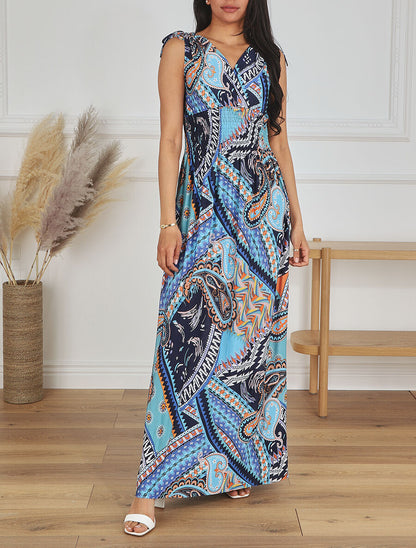 Robe longue élastiquée imprimé cachemire - Bleu - 4