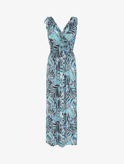 Robe longue élastiquée imprimé feuilles tropicales - Bleu canard - 1