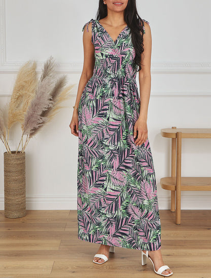 Robe longue élastiquée imprimé feuilles tropicales - Rose - 4