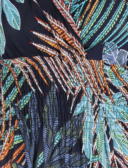 Robe mi-longue élastiquée imprimé feuilles exotiques - Marine - 3