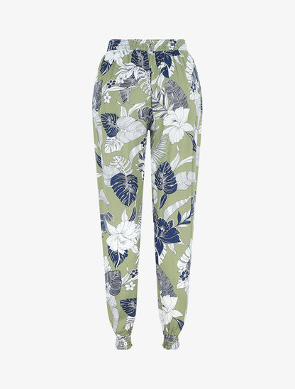 Pantalon imprimé feuilles tropicales à bas élastiqués - Kaki - 2