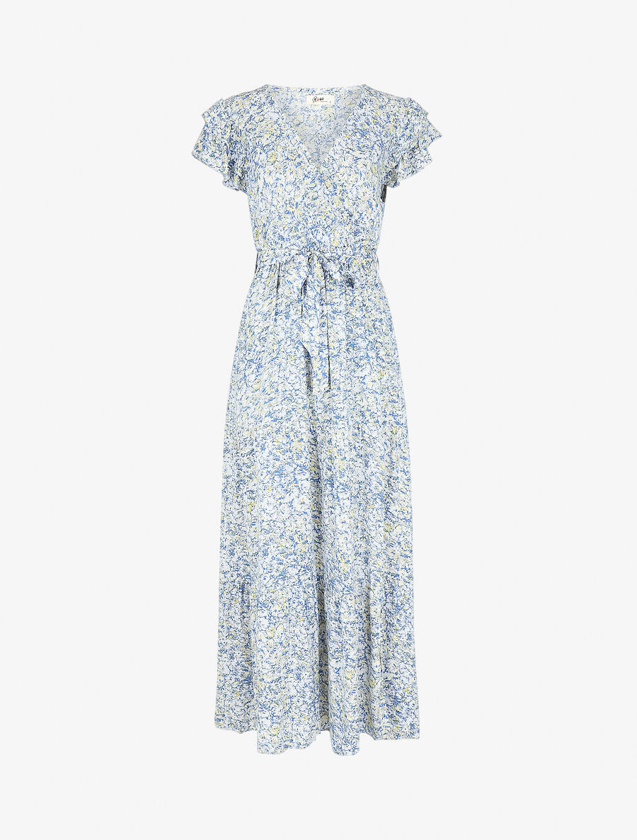 Robe longue fendue imprimé fleuri - Bleu - 1