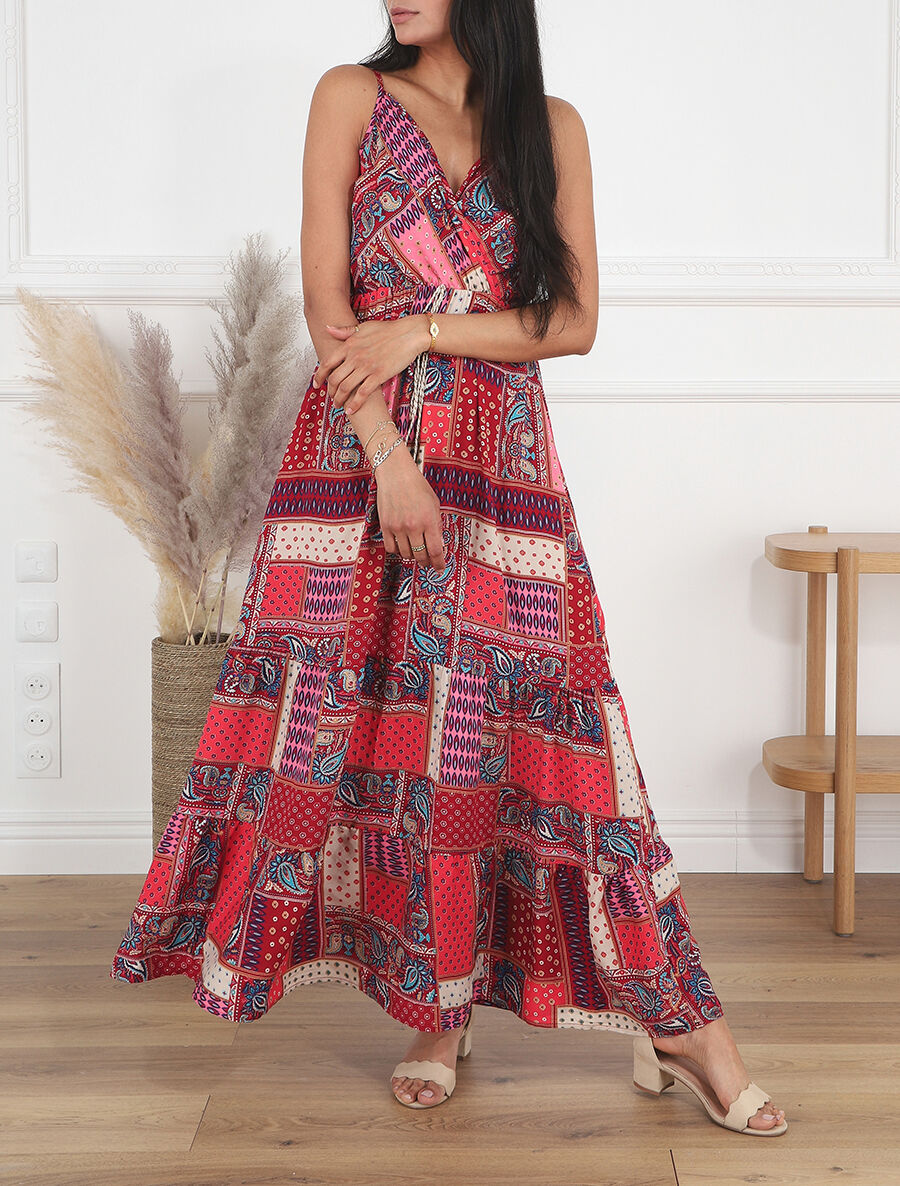 Robe longue style patchwork à bretelles - Rouge - 4