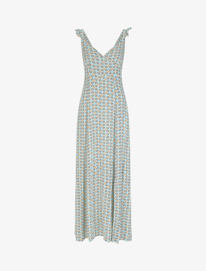 Robe longue évasée impimé fleurs graphiques - Bleu ciel - 2