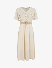 Robe longue uni manches courtes - Beige - 5