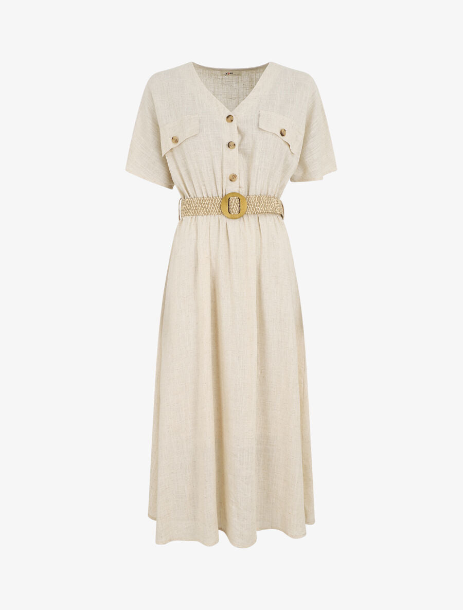 Robe longue uni manches courtes - Beige - 5